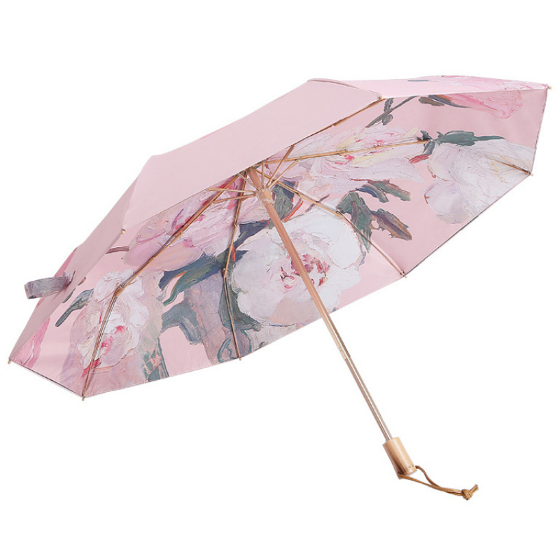 Hengdun Factory has double-layer, double-sided oil painting flower three-fold sunshade umbrellas in stock, with solid wood handles, golden umbrella ribs, color glue sunshade umbrellas, pink peony and white rose double-color UV protection umbrellas. Ladies can customize logos Application Scenario