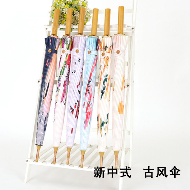 恒盾 厂家现货新中式古风 16 骨长柄直杆伞原木手柄水墨数码印花彩胶防晒遮阳伞汉服拍照道具晴雨伞 可定制 LOGO广告伞