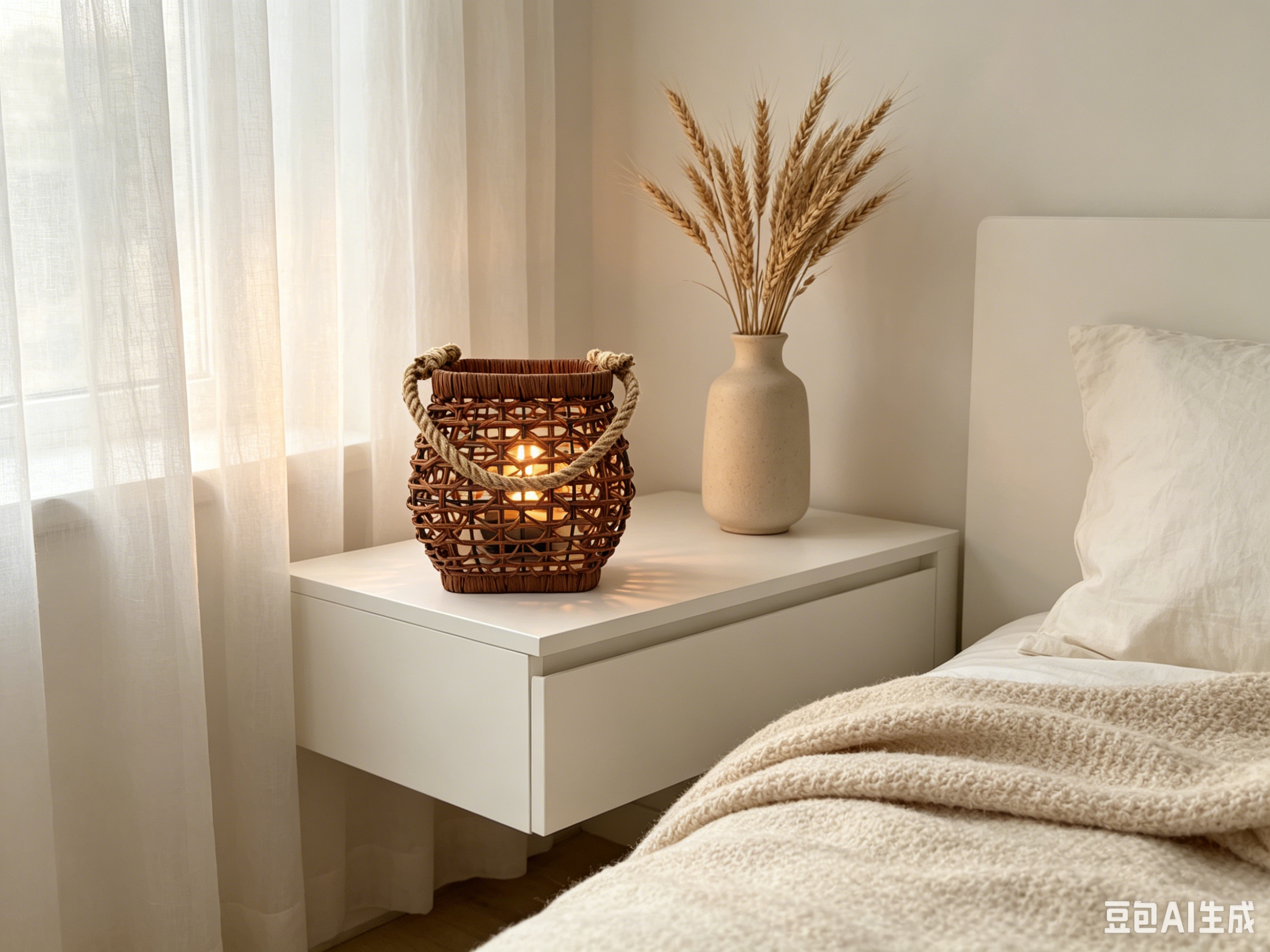 Dark brown natural white rattan woven hollowed-out candle wind lamp, outdoor camping lighting lampshade, indoor bedside table decorative night light, homestay style arrangement decorative small table lampshade, country style outdoor portable lampshade details Picture