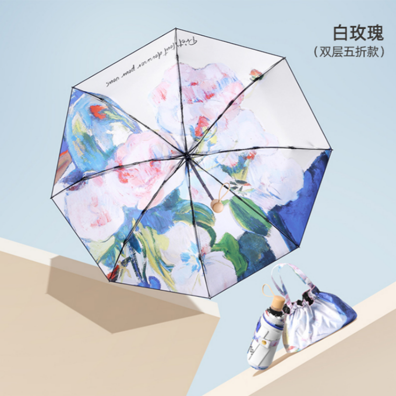 Escudo constante pintura al óleo viento doble doble 50% plegable paraguas de sol doble vinilo UPF50 + protección uv paraguas de bolsillo portátil para mujeres viaje de ida y venida sombreado protección solar sol y lluvia paraguas de doble uso con el mismo color de diseño de almacenamiento bolsa pequeña Specification image