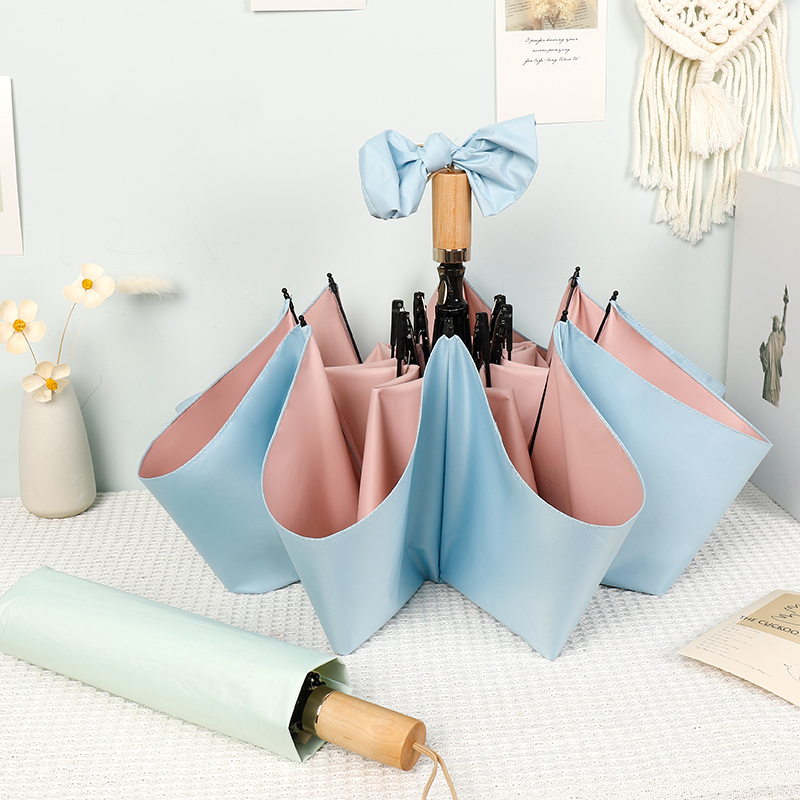 Hengdun double-layer color glue three-fold sunshade umbrella, women's wooden handle, all-weather and all-weather, macaron solid color splicing sun umbrella, UPF50 + UV protection, portable and compact, commuting gentle atmosphere sun umbrella