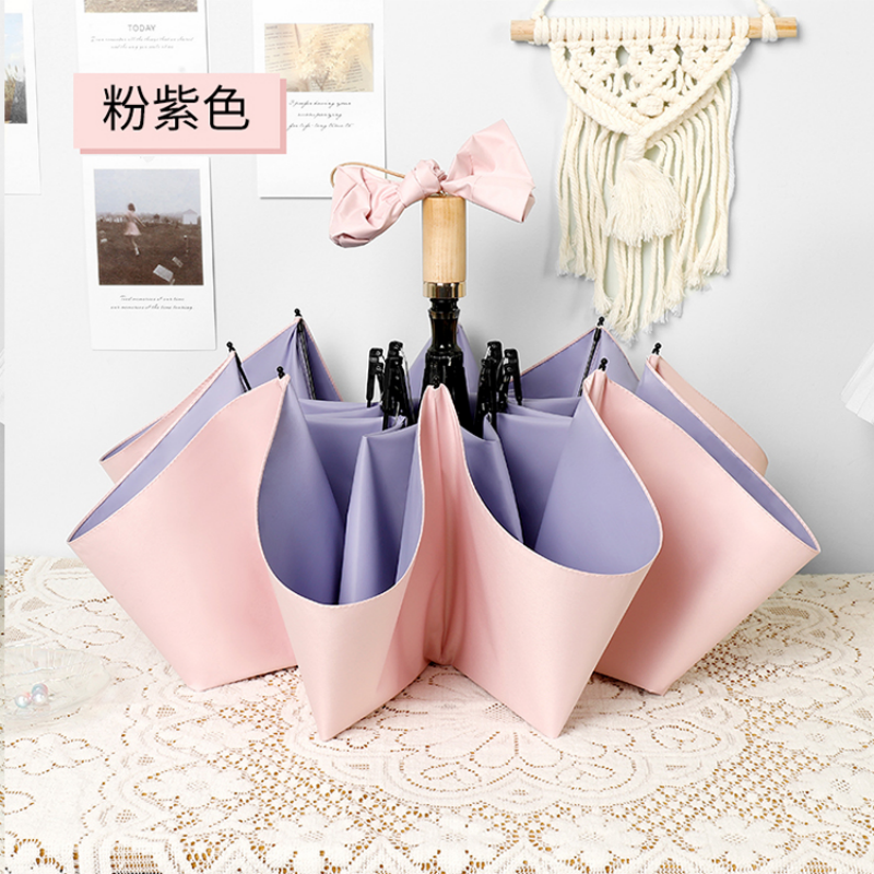 Hengdun double-layer color glue three-fold sunshade umbrella, women's wooden handle, all-weather and all-weather, macaron solid color splicing sun umbrella, UPF50 + UV protection, portable and compact, commuting gentle atmosphere sun umbrella Item Picture