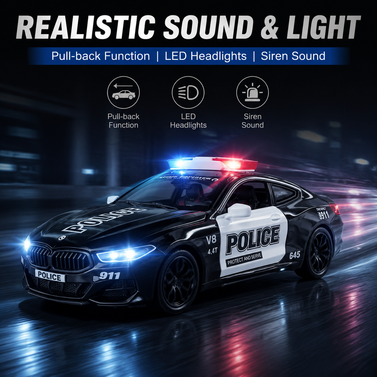 1:24 alloy car, American police car, four-door, Huili lighting, music, gift and collection Item Picture