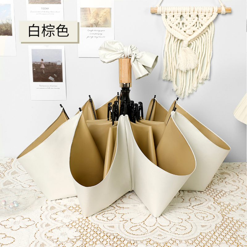 Hengdun double-layer color glue three-fold sunshade umbrella, women's wooden handle, all-weather and all-weather, macaron solid color splicing sun umbrella, UPF50 + UV protection, portable and compact, commuting gentle atmosphere sun umbrella Specification image