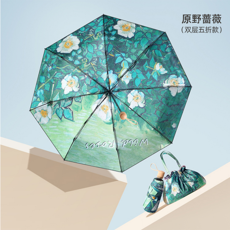 Escudo constante pintura al óleo viento doble doble 50% plegable paraguas de sol doble vinilo UPF50 + protección uv paraguas de bolsillo portátil para mujeres viaje de ida y venida sombreado protección solar sol y lluvia paraguas de doble uso con el mismo color de diseño de almacenamiento bolsa pequeña Item Picture