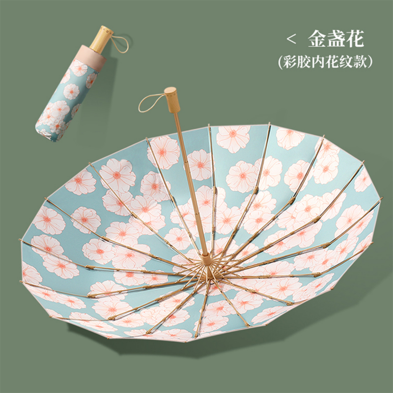 Hengdun thickened 16-bone aluminum alloy umbrella frame three-fold umbrella, wooden handle, inner and outer printed color glue sun protection and sunshade umbrella, fresh lily flower heat insulation and shading, commuting portable UV protection women's umbrella, customizable details Picture