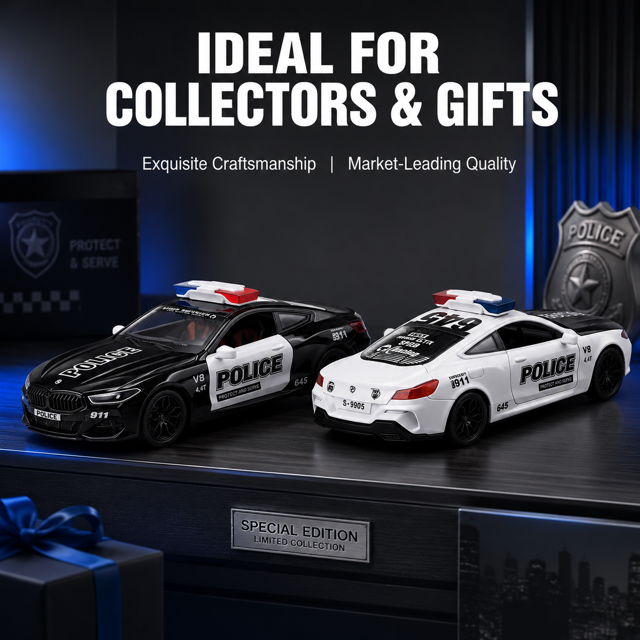 1:24 alloy car, American police car, four-door, Huili lighting, music, gift and collection details Picture