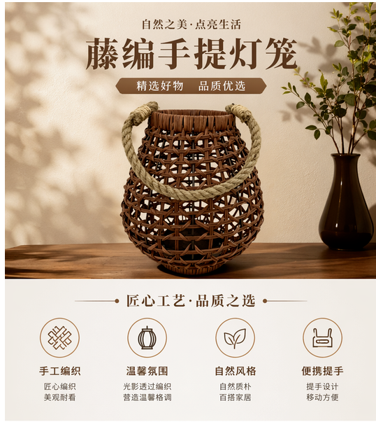 棕色藤编灯笼带麻绳提手圆形鼓身蜡烛风灯民宿装饰台灯罩户外野餐照明灯罩宵夜店装饰小风灯书房装饰小台灯详情1