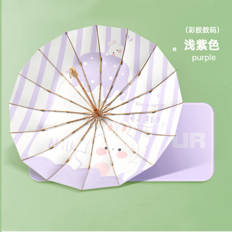 恒盾 16 骨彩胶数码印花三折晴雨伞可爱卡通小兔条纹遮阳伞 UPF50 + 防紫外线少女心木柄便携折叠伞 学生通勤晴雨伞 Specification image
