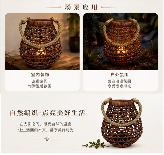 棕色藤编灯笼带麻绳提手圆形鼓身蜡烛风灯民宿装饰台灯罩户外野餐照明灯罩宵夜店装饰小风灯书房装饰小台灯详情3