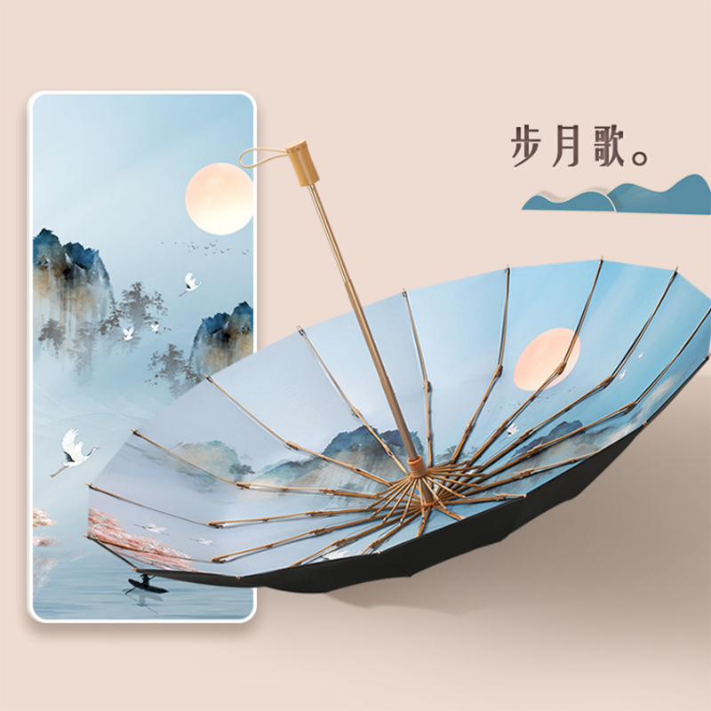 Hengdun 16-bone retro Chinese-style bamboo-handled straight umbrella Black rubber full shading UPF50 + UV protection sunshade, crane landscape Jiangnan ink-wash painting ancient style Hanfu photo prop, enhanced wind resistance details Picture