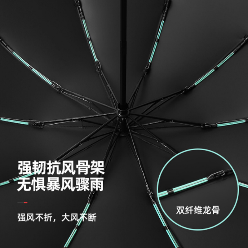 Hengdun 20 double keel reinforced fully automatic reverse three-fold umbrella, one-click automatic opening and closing, reflective safety edge, black rubber sun protection, rain and sun dual-purpose umbrella, strong and resistant to wind and heavy rain, car non-wet folding umbrella, customizable details Picture