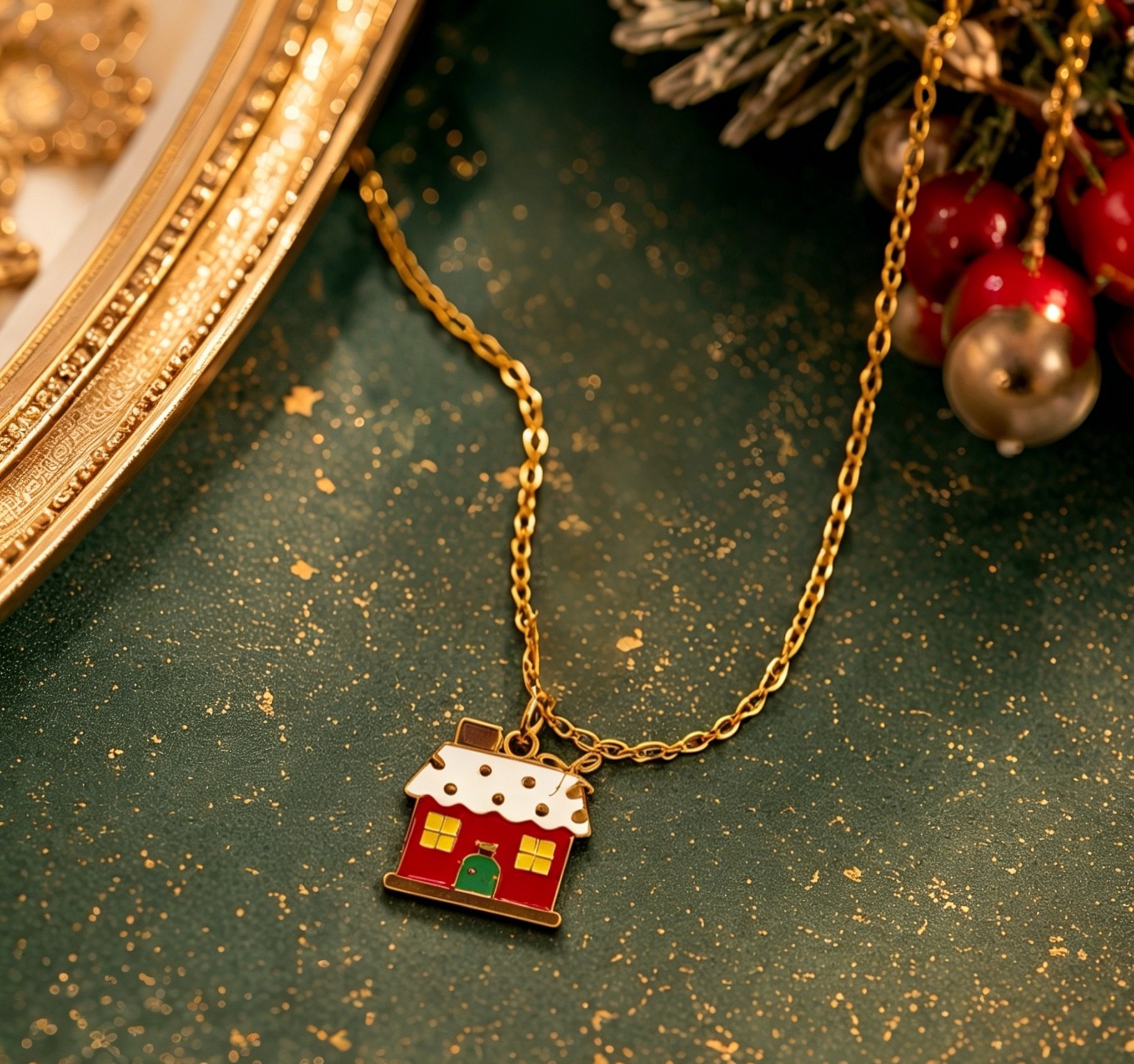 Christmas snow-capped red house oil-dripping pendant, winter fairy tale style ins cute accessory, stainless steel color retention, daily niche outfit decoration, collarbone jewelry Specification image