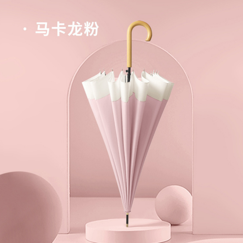 Hengdun Macaron color-blocking straight-bar umbrella, women's wooden curved hook long-handled umbrella, fresh and light color-blocking all-weather umbrella, reinforced 16-bone wind-resistant sunshade umbrella, simple and artistic, high appearance level umbrella for students, customization supported details Picture