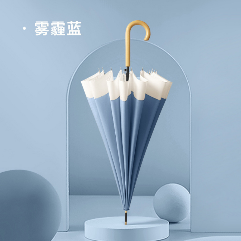 Hengdun Macaron color-blocking straight-bar umbrella, women's wooden curved hook long-handled umbrella, fresh and light color-blocking all-weather umbrella, reinforced 16-bone wind-resistant sunshade umbrella, simple and artistic, high appearance level umbrella for students, customization supported Item Picture