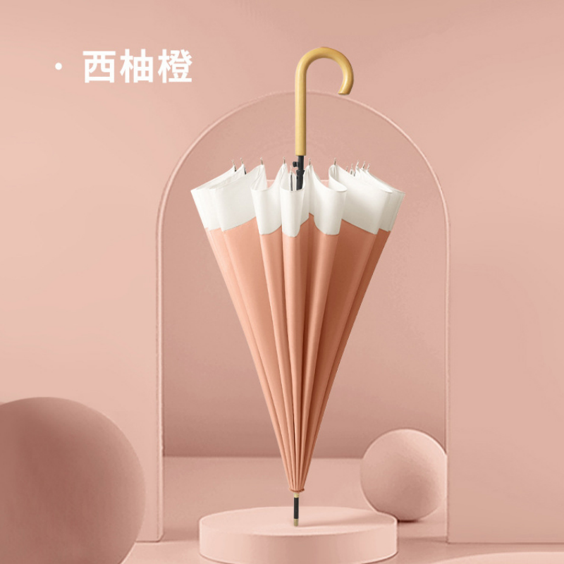 Hengdun Macaron color-blocking straight-bar umbrella, women's wooden curved hook long-handled umbrella, fresh and light color-blocking all-weather umbrella, reinforced 16-bone wind-resistant sunshade umbrella, simple and artistic, high appearance level umbrella for students, customization supported Specification image
