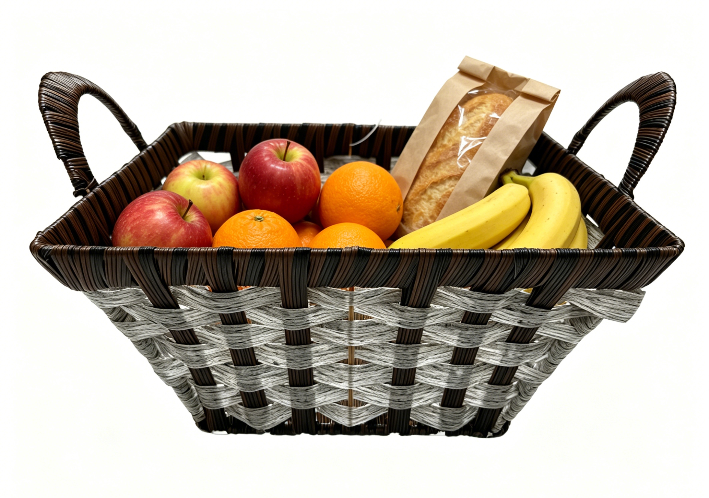 Grayish-white film woven square ear-pulling storage basin, fruit and snack basin, bread basket, toy storage basket, supermarket gift packaging basket, souvenir packaging basket, kitchen sauce storage basket, vegetable placement basket, tissue paper storage basket Specification image