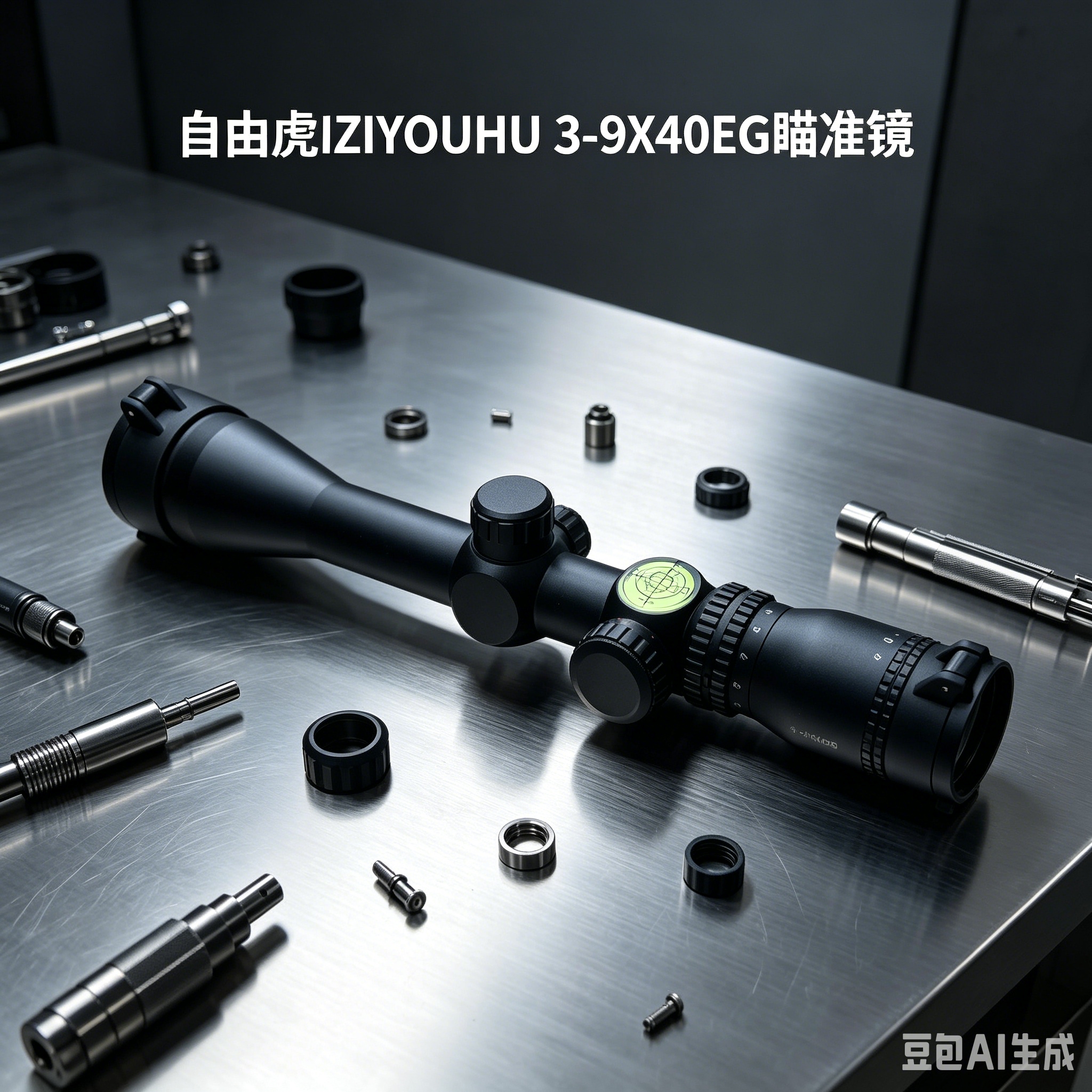 Black sight with green crosshair level, focusing knob, metal worktable accessories