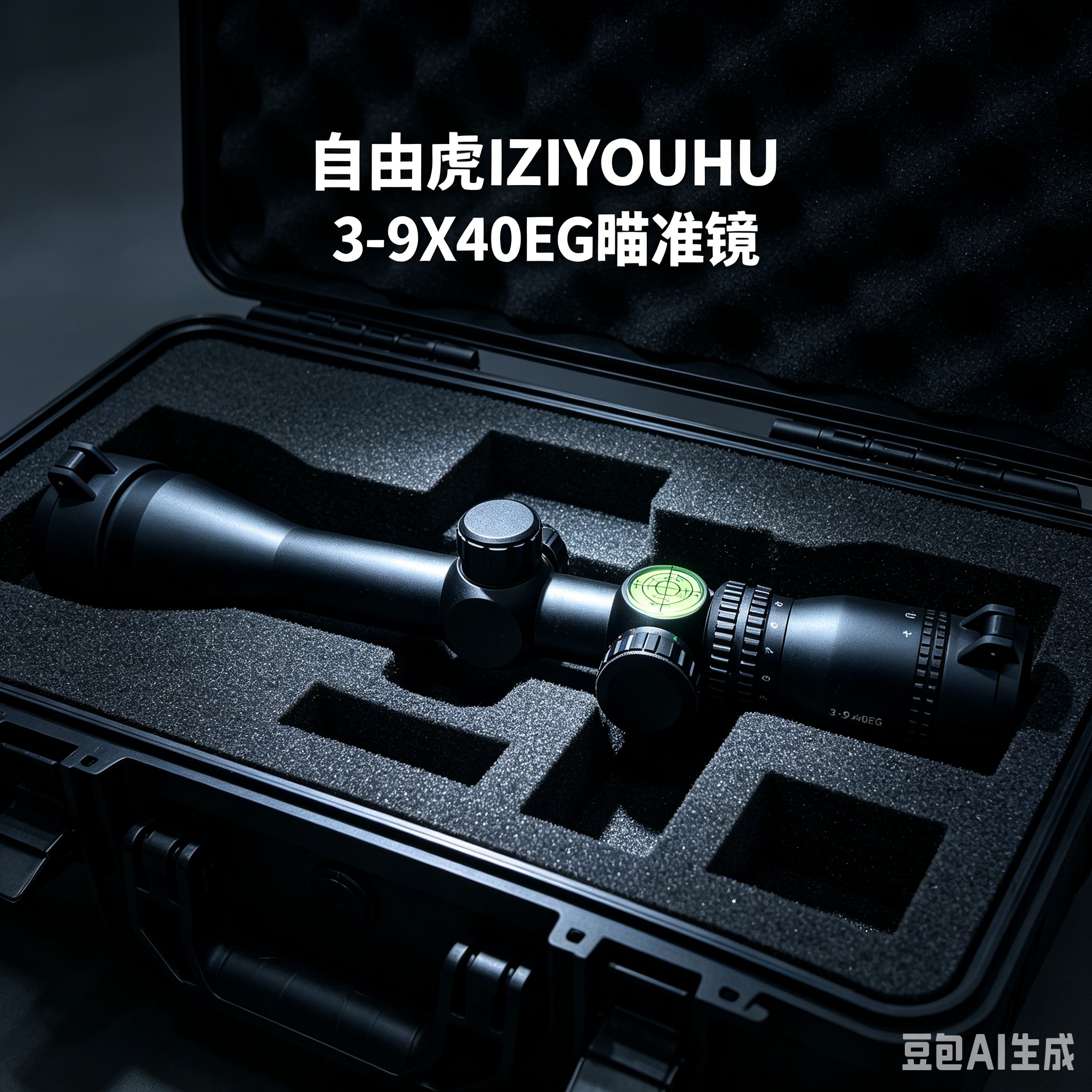 Black sight with green crosshair level, focusing knob, metal worktable accessories details Picture