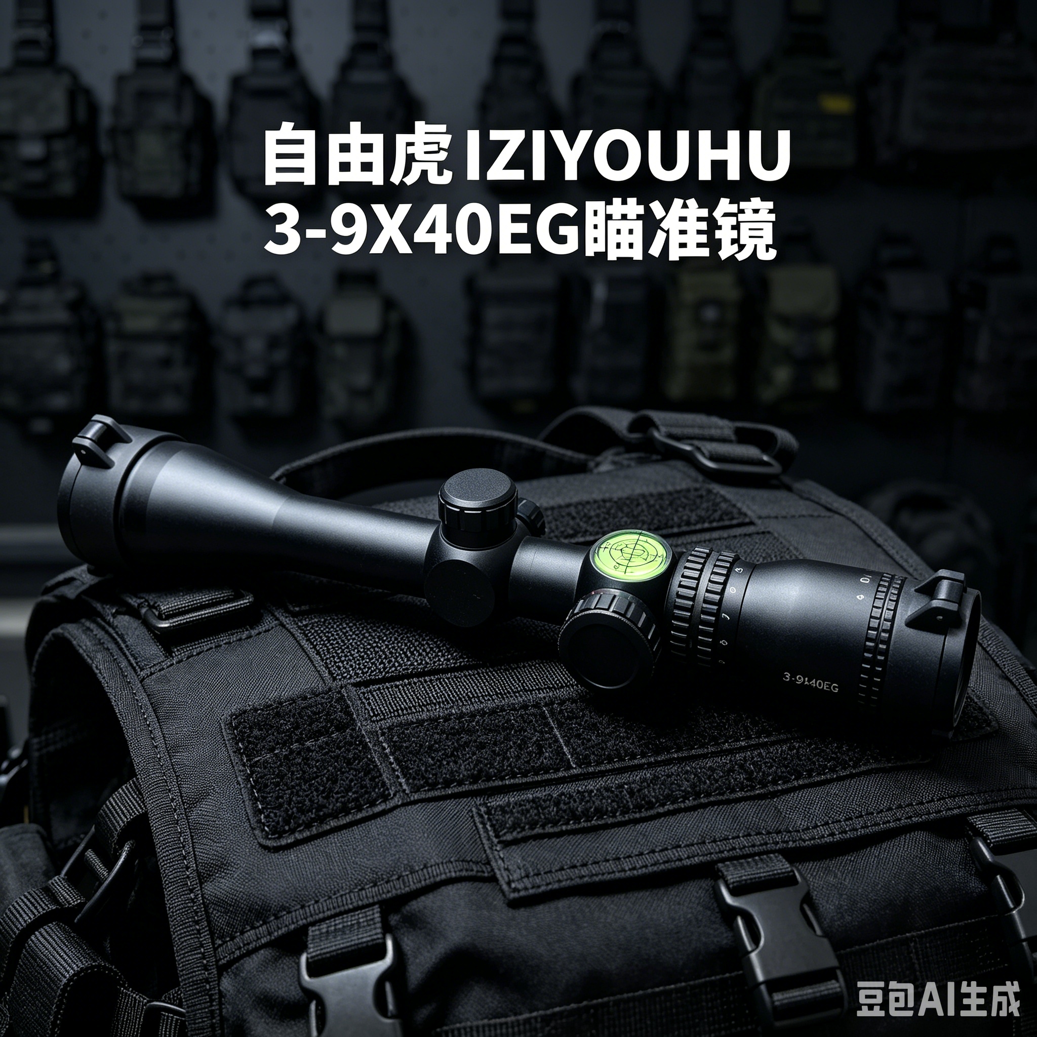 Black sight with green crosshair level, focusing knob, metal worktable accessories Specification image