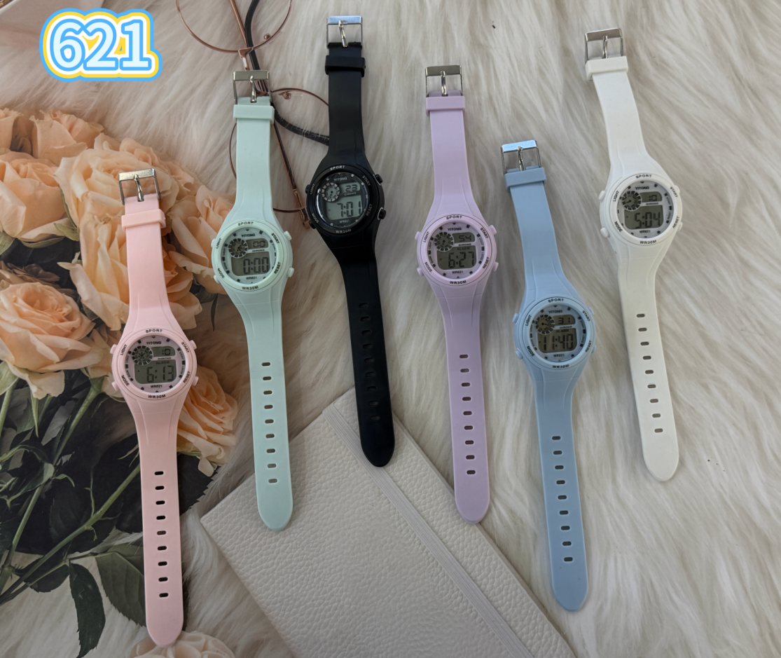 New six-color electronic watch: white, black, light blue, mint green, pink, light purple, transparent display stand, children and students electronic watch Application Scenario