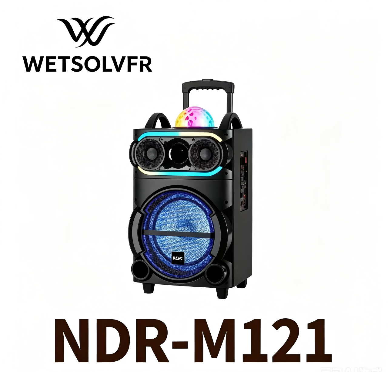 The Bluetooth speaker is black, portable, with a top color rotating light ball and a pull rod design. It features a blue illuminated subwoofer and dual tweeters