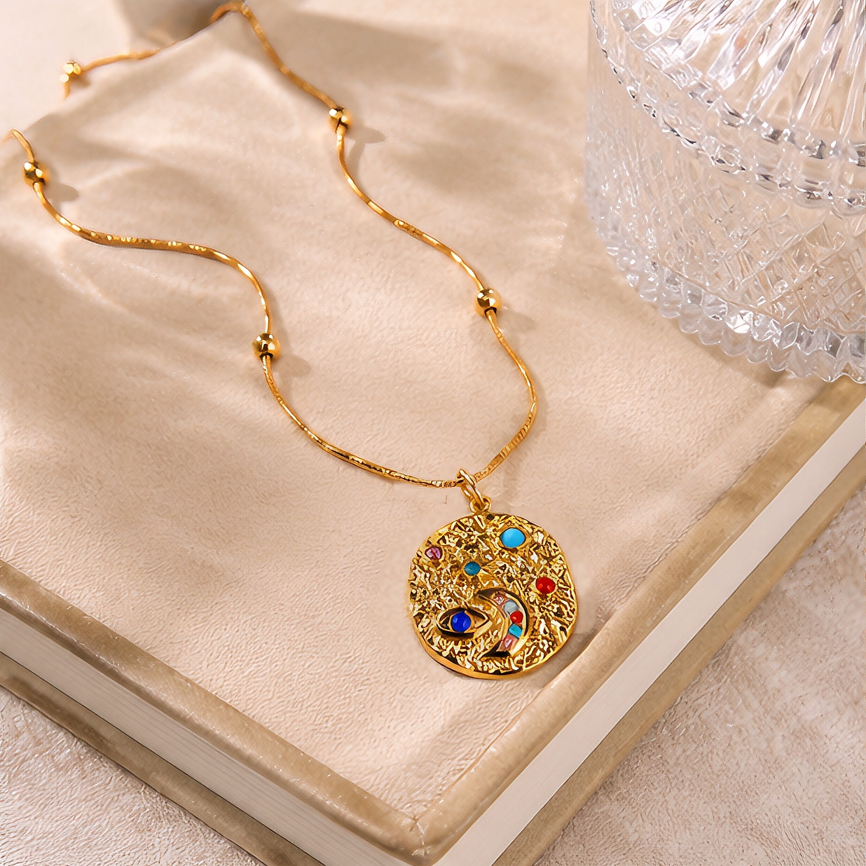 Hammered texture star and moon irregular pendant, stainless steel non-fading round bead snake bone chain, retro exotic niche, European and American personality atmosphere neckpiece details Picture