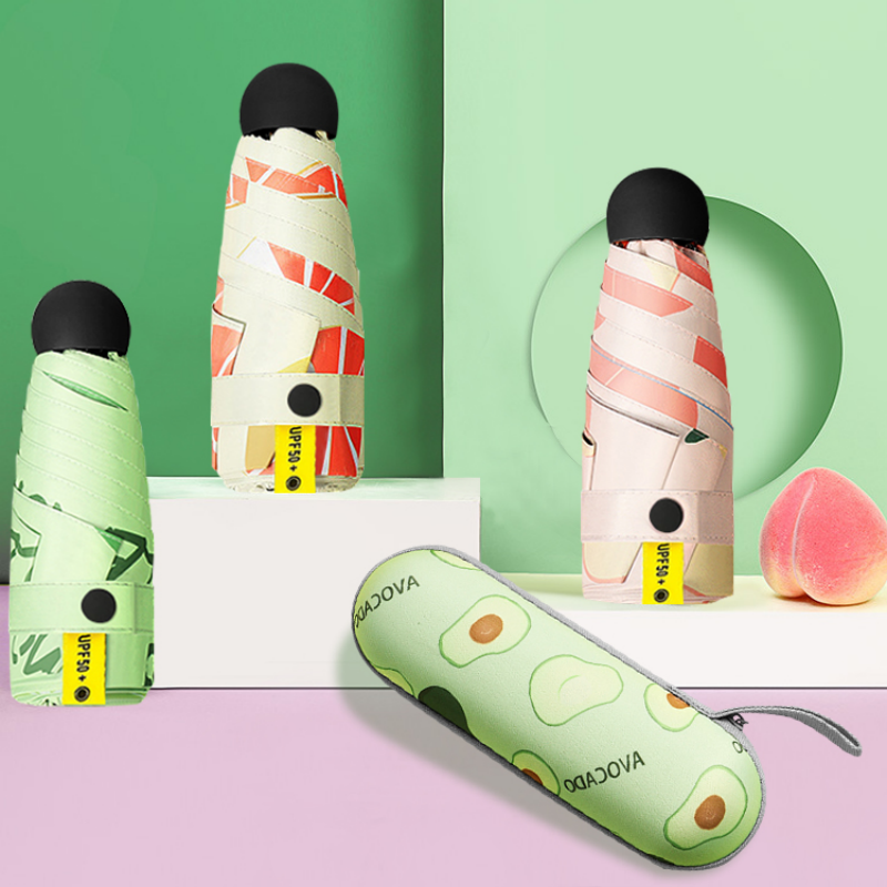Hengdun Mini Six-Bone Capsule 50% Folding Umbrella with Fruit Print Black vinyl UPF50 + UV Protection and sun Protection, Mini Compact umbrella for Girls, pocket Sunshade, zipper storage box, Gift Box style