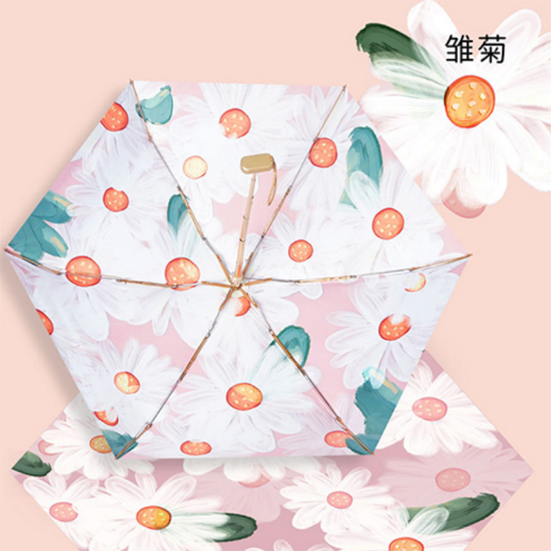 Hengdun Ultra-light small golden-handled five-fold floral sunshade umbrella, titanium gold sun protection umbrella UPF50 + UV protection portable pocket umbrella, Daisy ink-wash flower all-weather umbrella, mini folding sun umbrella for women Item Picture