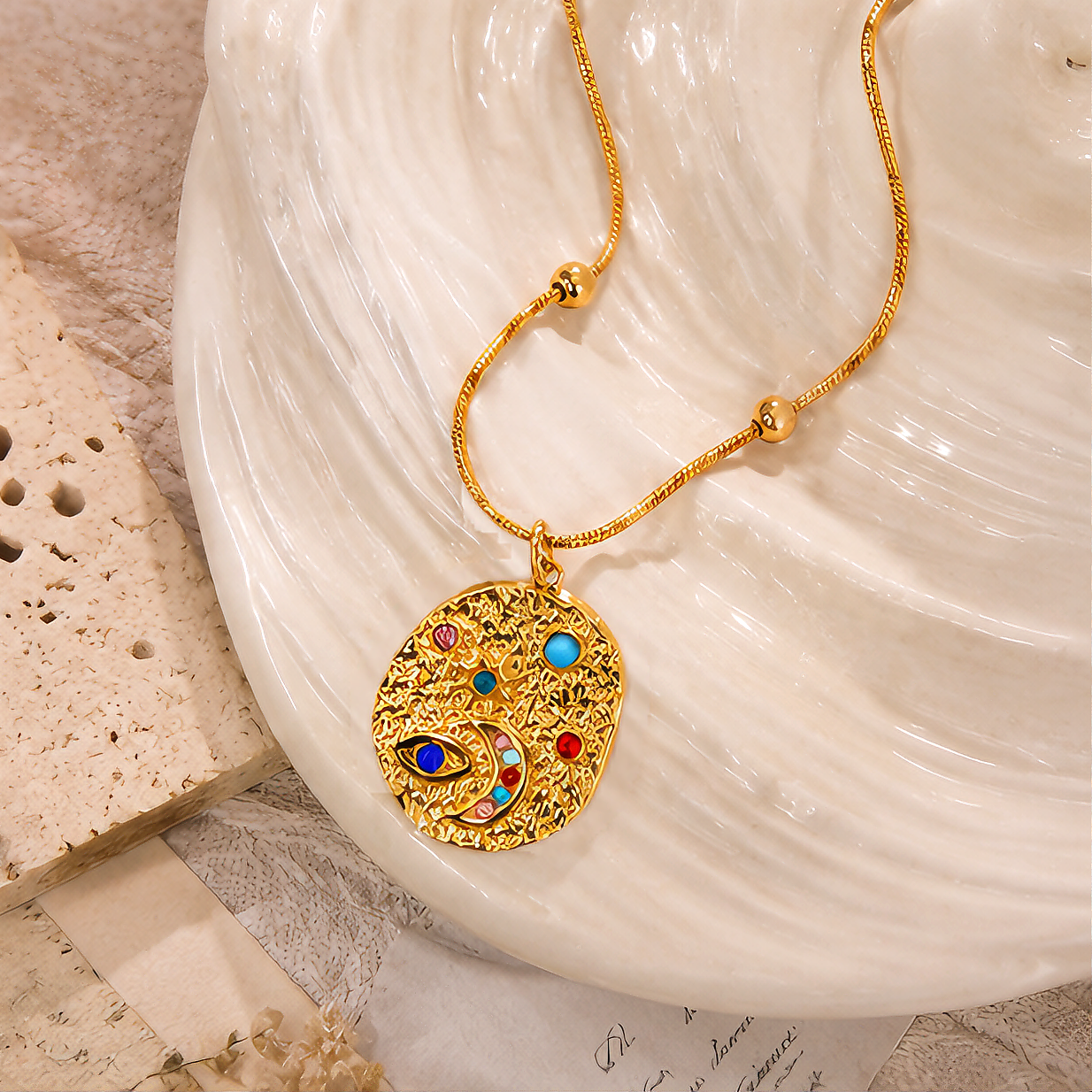 Hammered texture star and moon irregular pendant, stainless steel non-fading round bead snake bone chain, retro exotic niche, European and American personality atmosphere neckpiece Specification image