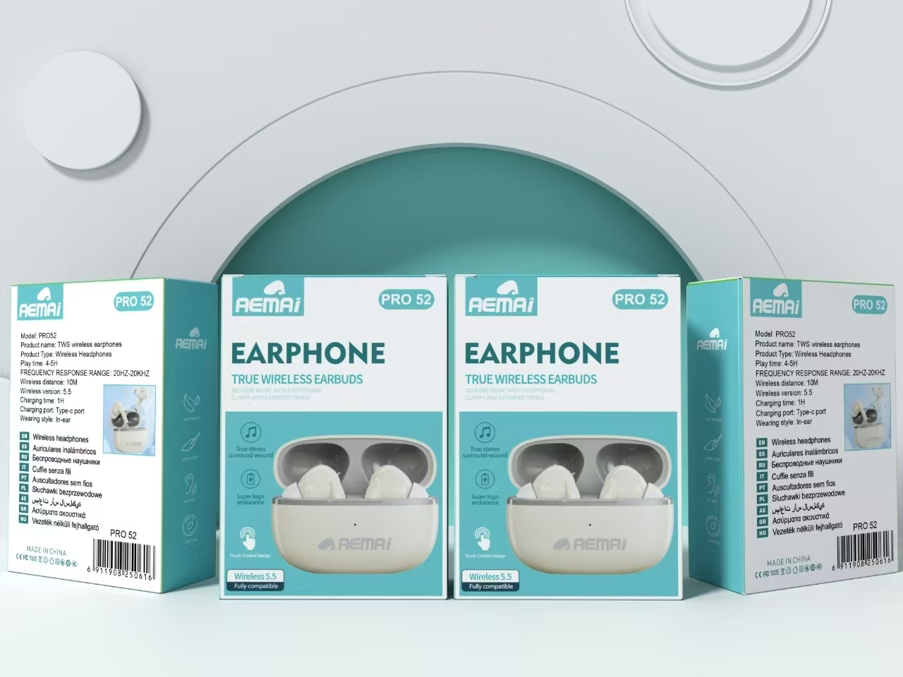 The AEMAi-PRO52 white earphones with ear tips and breathing lights