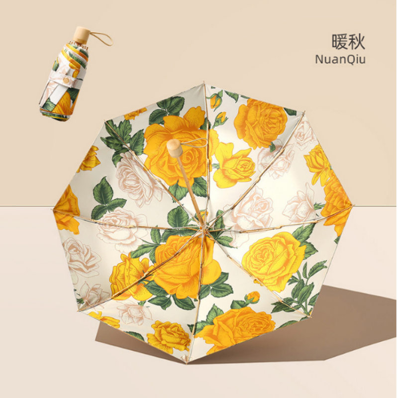 Hengdun Double-layer black vinyl oil painting flower 50% pocket umbrella, Women's ultra-light small golden bone wooden handle mini portable sun umbrella UPF50 + UV protection, all-weather and all-weather sun umbrella, custom logo Application Scenario