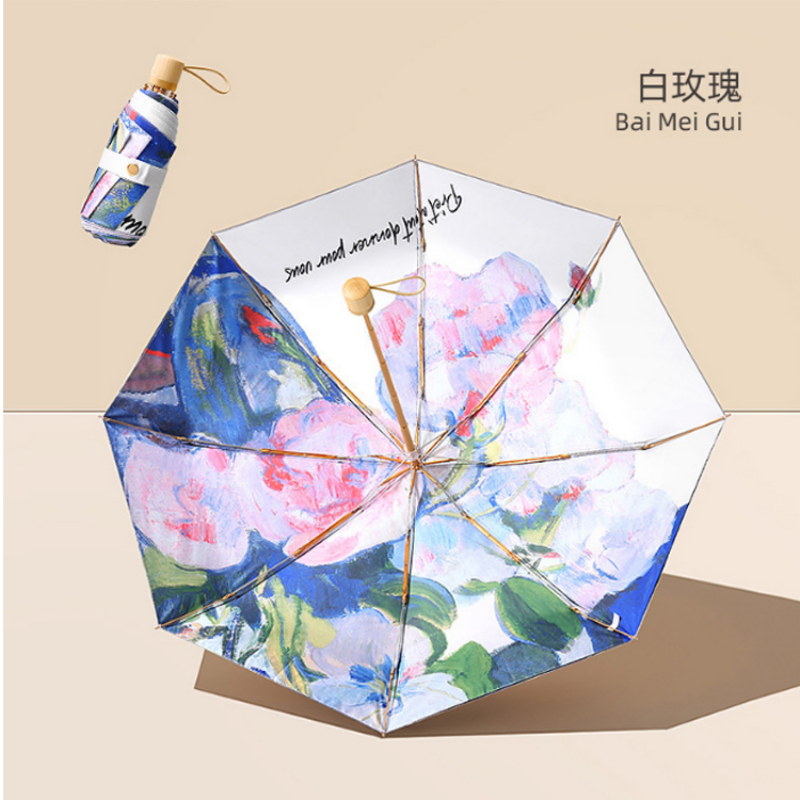 Hengdun Double-layer black vinyl oil painting flower 50% pocket umbrella, Women's ultra-light small golden bone wooden handle mini portable sun umbrella UPF50 + UV protection, all-weather and all-weather sun umbrella, custom logo Specification image