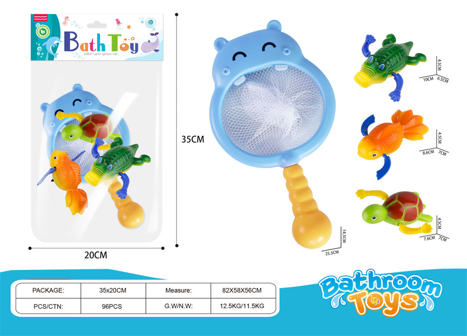TD72324 Infant and Toddler bathroom Fishing Interactive Water Play Toy, cute and fun hippopotamus-shaped wind-up spring swimming small animal combination, baby bathing fish-catching toy