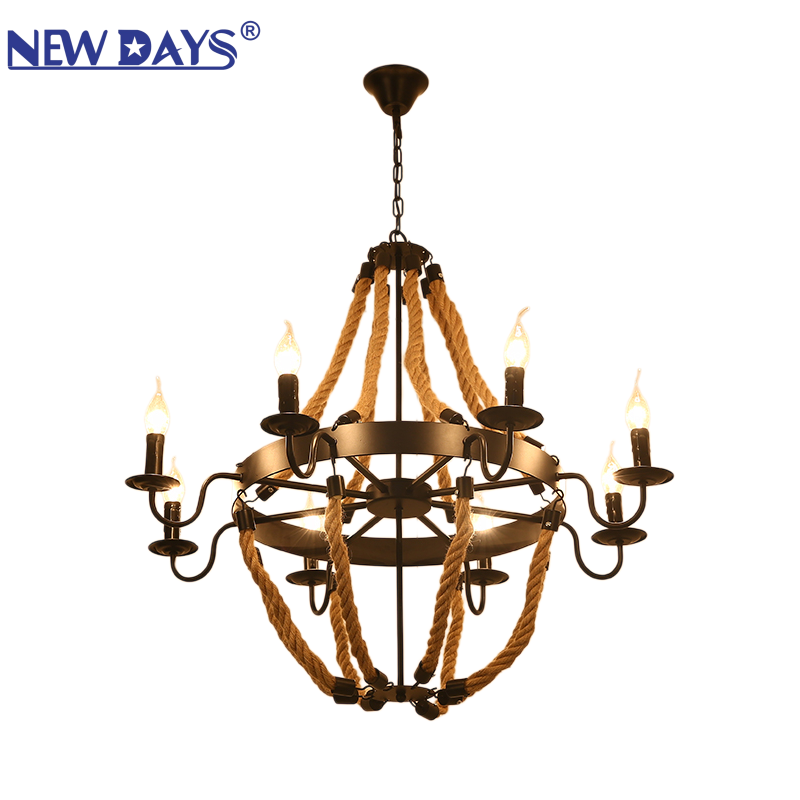 NEWDAYS cross-border new led retro industrial style hemp rope pendant lamp, ironwork hood bar table lamp, 6-head hemp rope decorative lighting ambient lamp pendant lamp