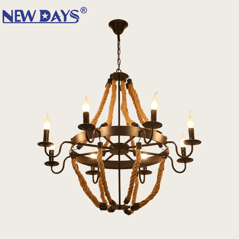NEWDAYS cross-border new led retro industrial style hemp rope pendant lamp, ironwork hood bar table lamp, 6-head hemp rope decorative lighting ambient lamp pendant lamp Item Picture