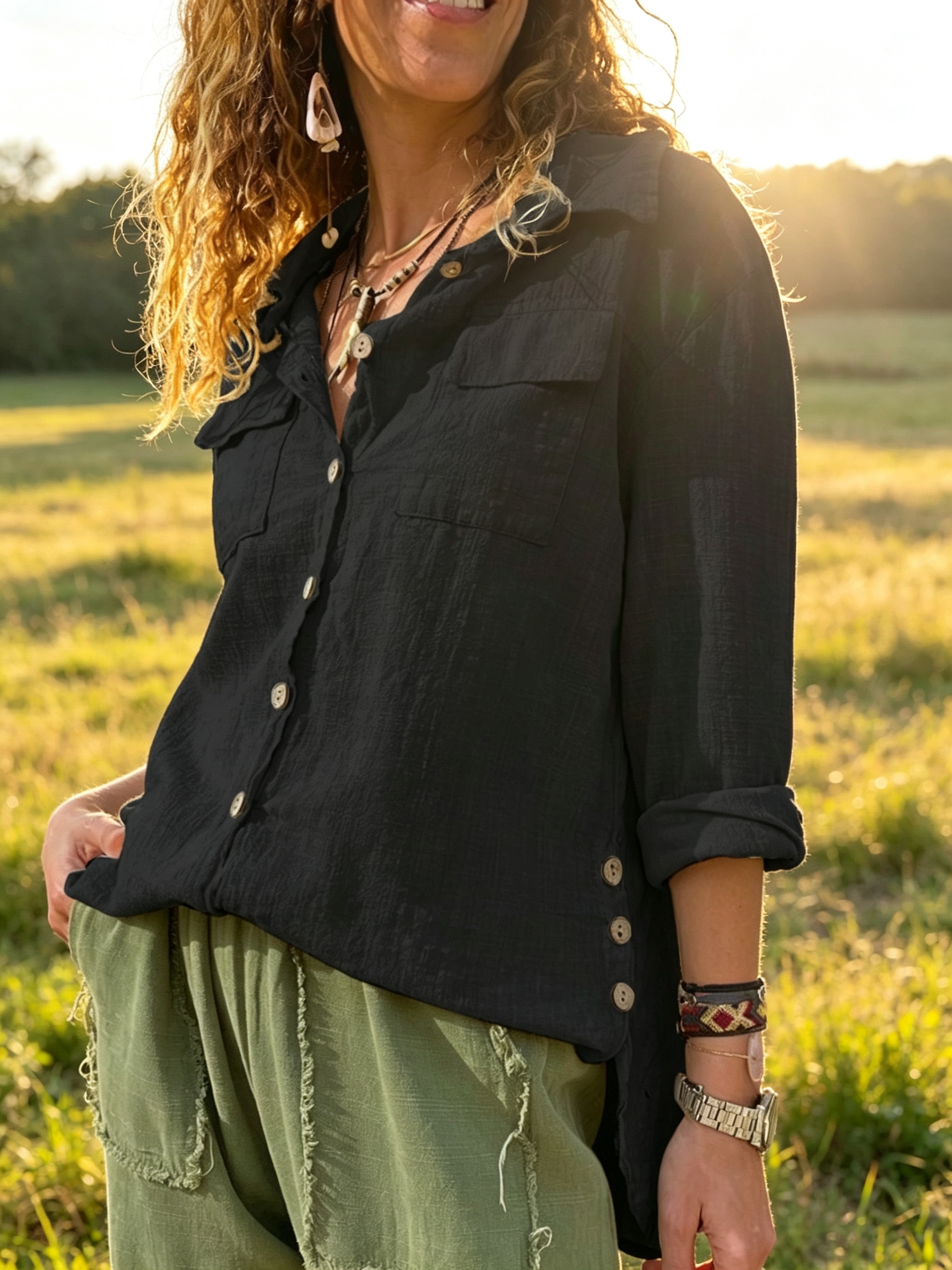 A new Spring/Summer 2026 forest-style cotton and linen shirt with a relaxed texture and side-buttoned retro casual long-sleeved top Application Scenario