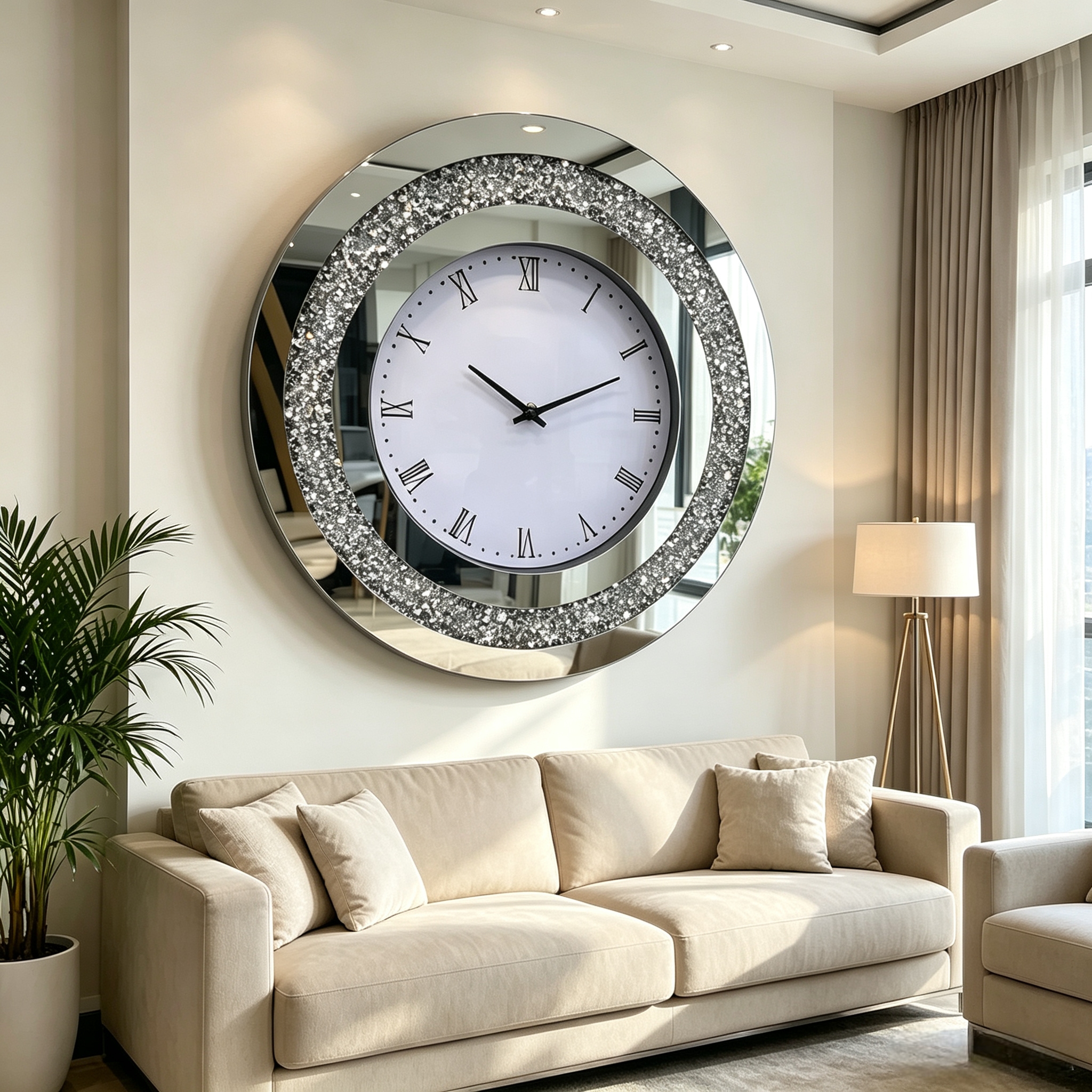 Simple silver diamond-encrusted round Roman numeral acrylic wall clock for living room and bedroom decoration art craft glass wall clock, fashionable and simple glass wall clock details Picture
