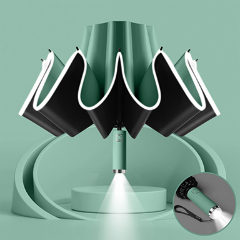 Hengdun Reverse fully automatic LED flashlight umbrella, night reflective strip, ten-bone reinforced wind-resistant three-fold umbrella, black rubber UPF50 +, sun protection, cooling, UV protection, all-weather and all-rain sunshade umbrella details Picture