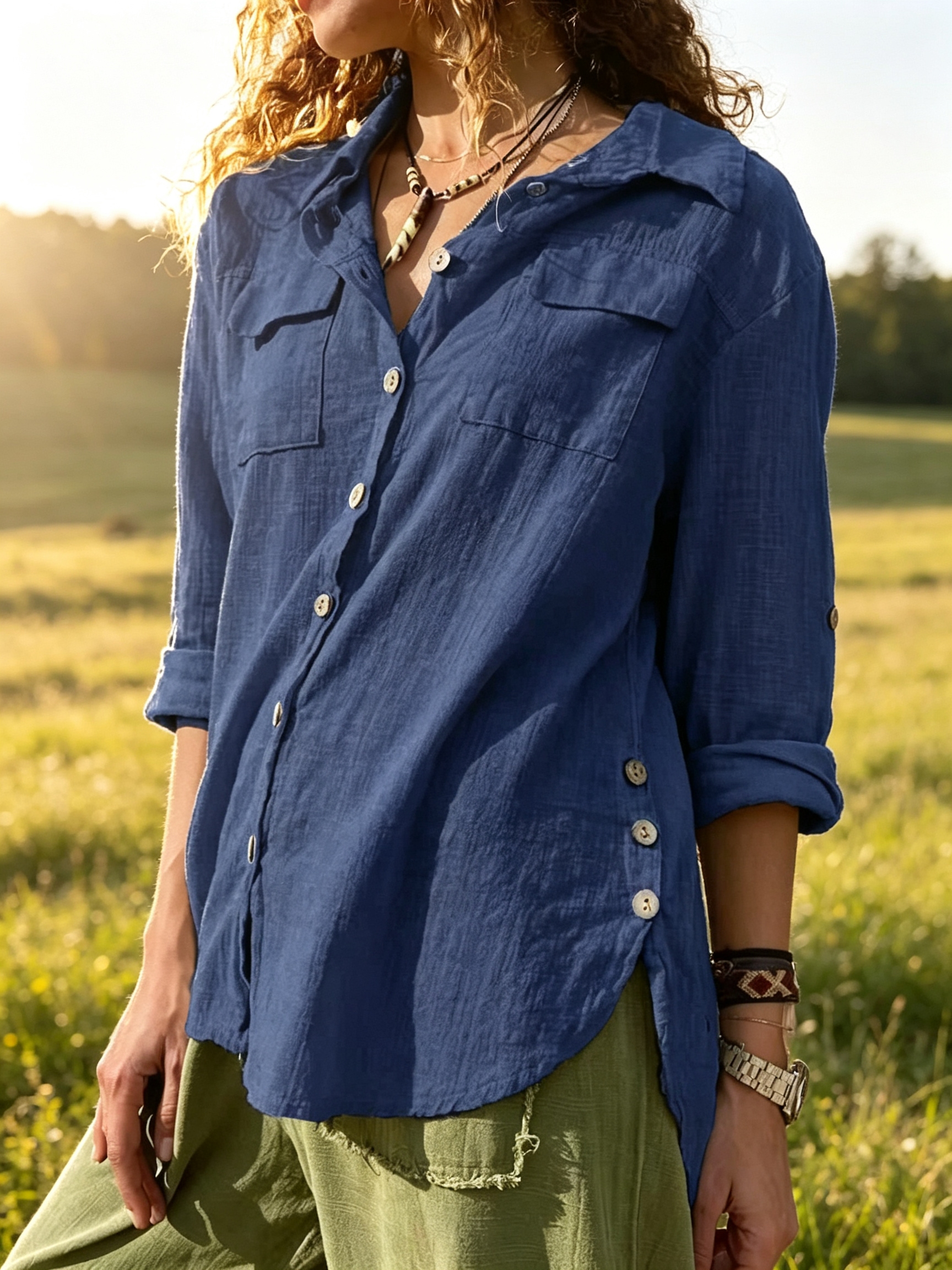 A new Spring/Summer 2026 forest-style cotton and linen shirt with a relaxed texture and side-buttoned retro casual long-sleeved top Item Picture