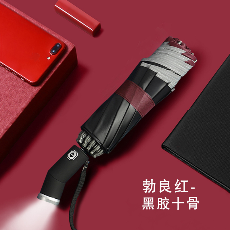Hengdun fully automatic reverse ten-bone umbrella, rotatable LED flashlight lighting, reflective strip, night safety umbrella, thick black rubber impact fabric, UPF50 + sun protection, sunshade, all-weather folding umbrella Application Scenario