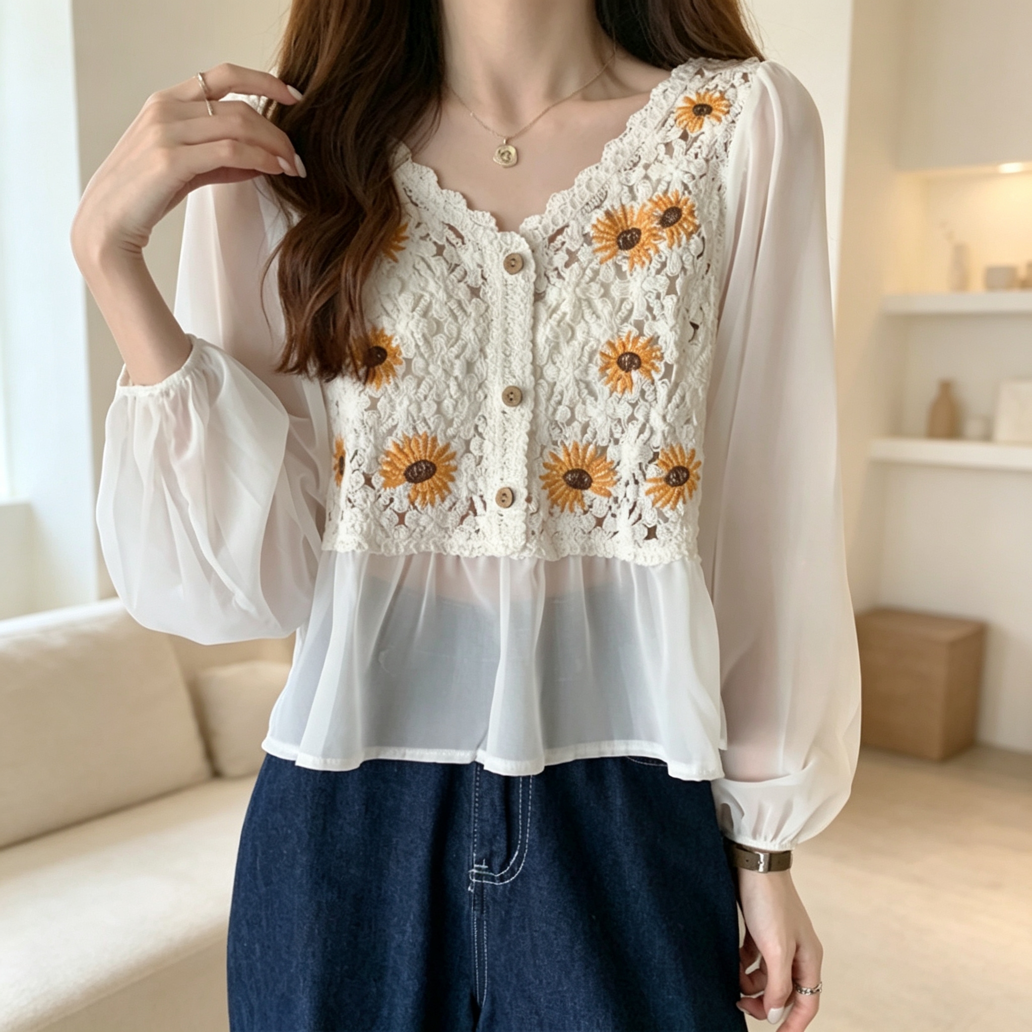Ethnic-style embroidered crochet, cut-out and patchwork chiffon long-sleeved sun-protective top, short pullover knitted top for women's wear