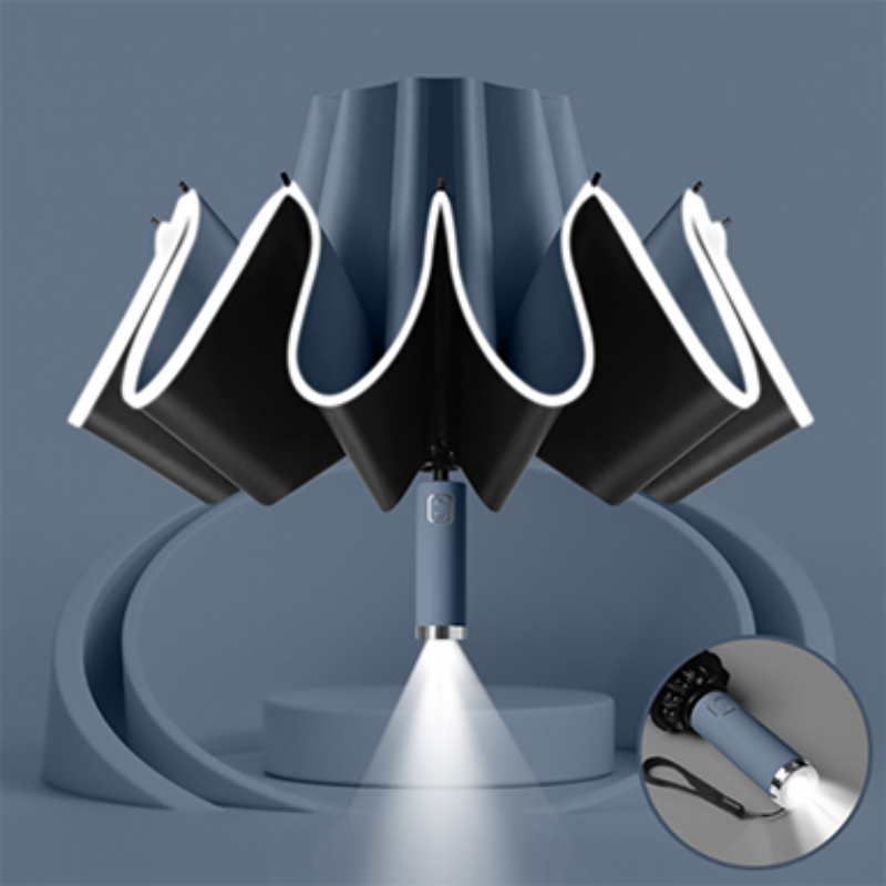 Hengdun Reverse fully automatic LED flashlight umbrella, night reflective strip, ten-bone reinforced wind-resistant three-fold umbrella, black rubber UPF50 +, sun protection, cooling, UV protection, all-weather and all-rain sunshade umbrella Specification image