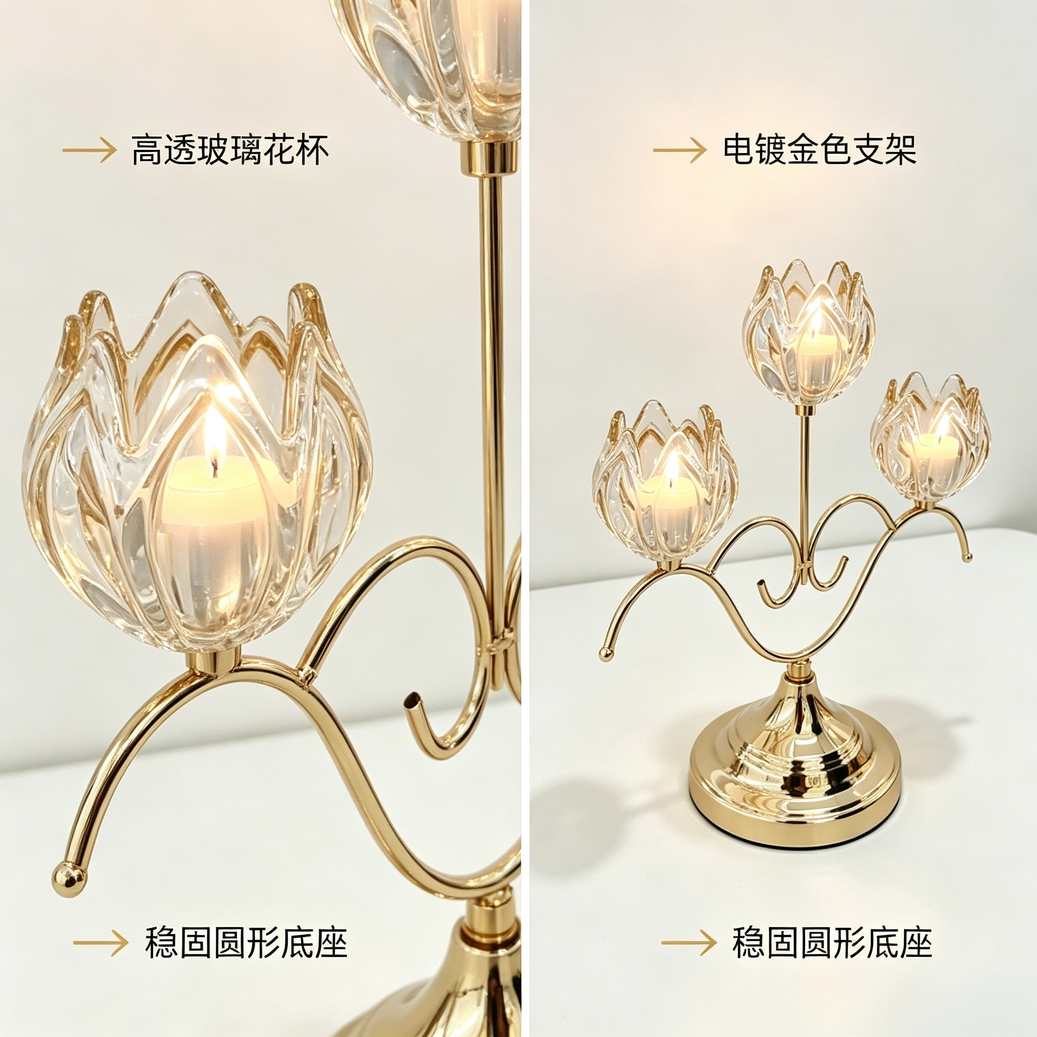 A light luxury three-headed dragon fruit glass candlestick with electroplated gold and iron art, a wedding table atmosphere decoration Application Scenario