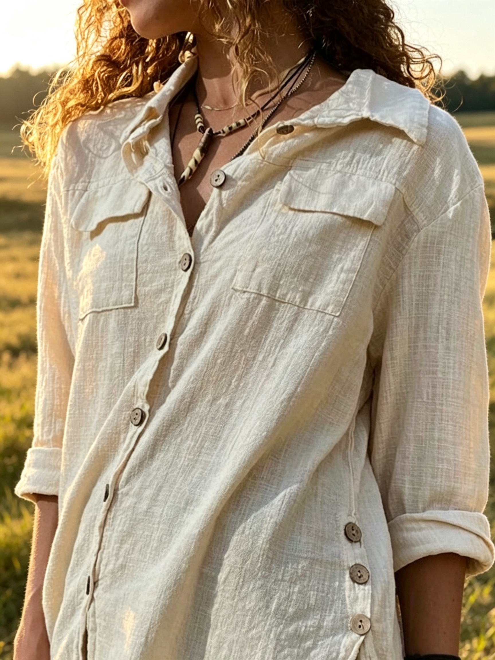 A new Spring/Summer 2026 forest-style cotton and linen shirt with a relaxed texture and side-buttoned retro casual long-sleeved top full image