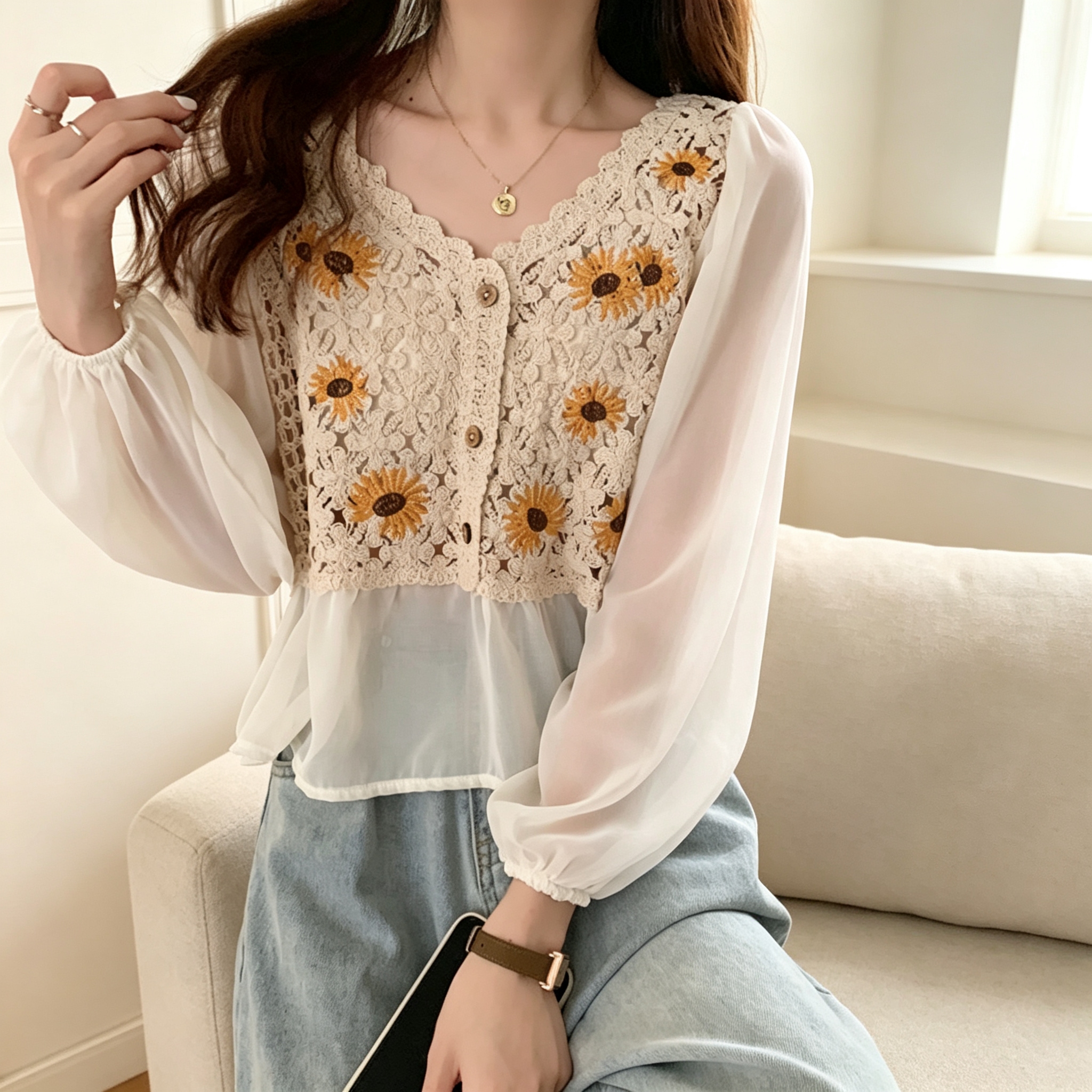 Ethnic-style embroidered crochet, cut-out and patchwork chiffon long-sleeved sun-protective top, short pullover knitted top for women's wear Application Scenario