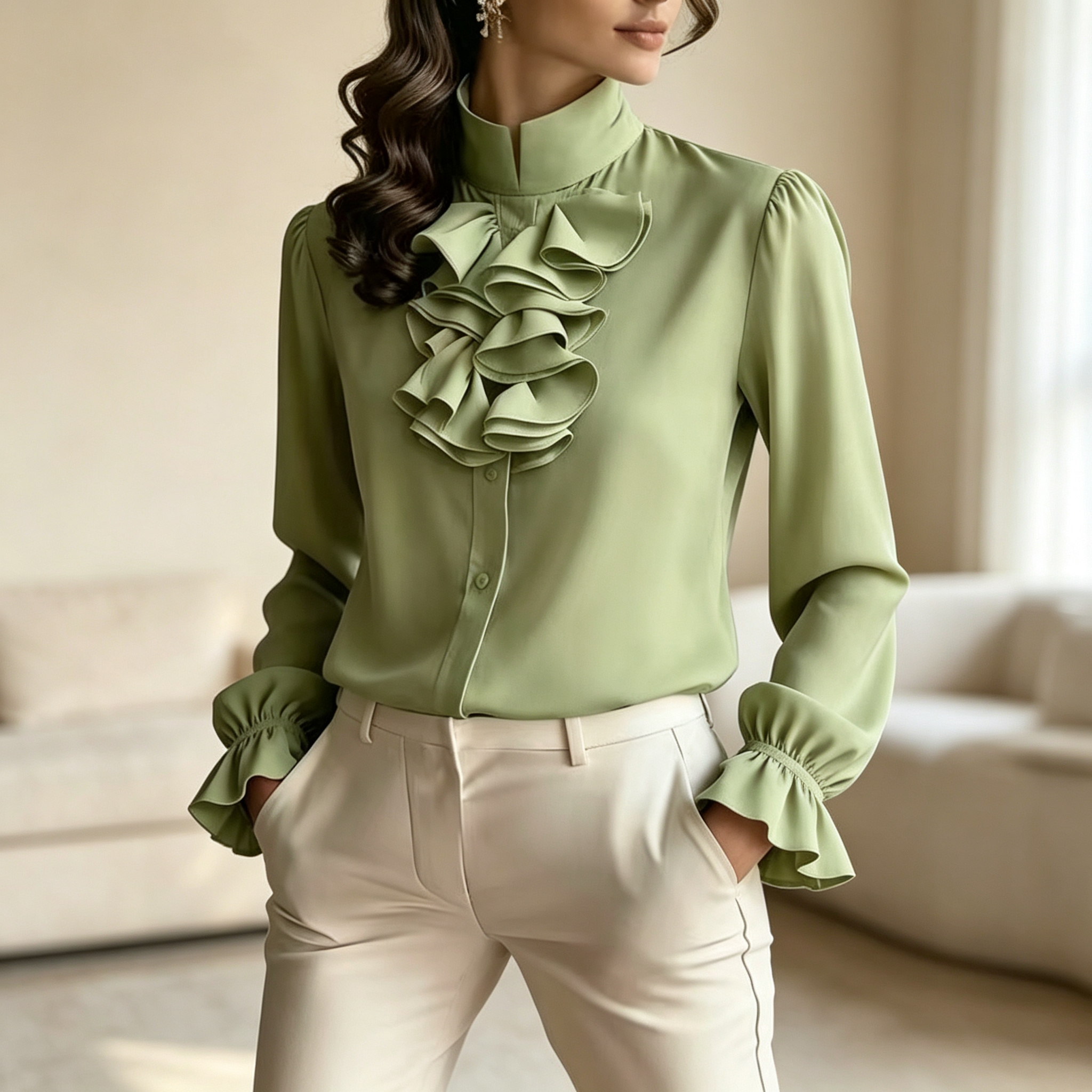 2026 New style of stylish commuter loose stand-up collar solid color ruffled shirt for women Item Picture