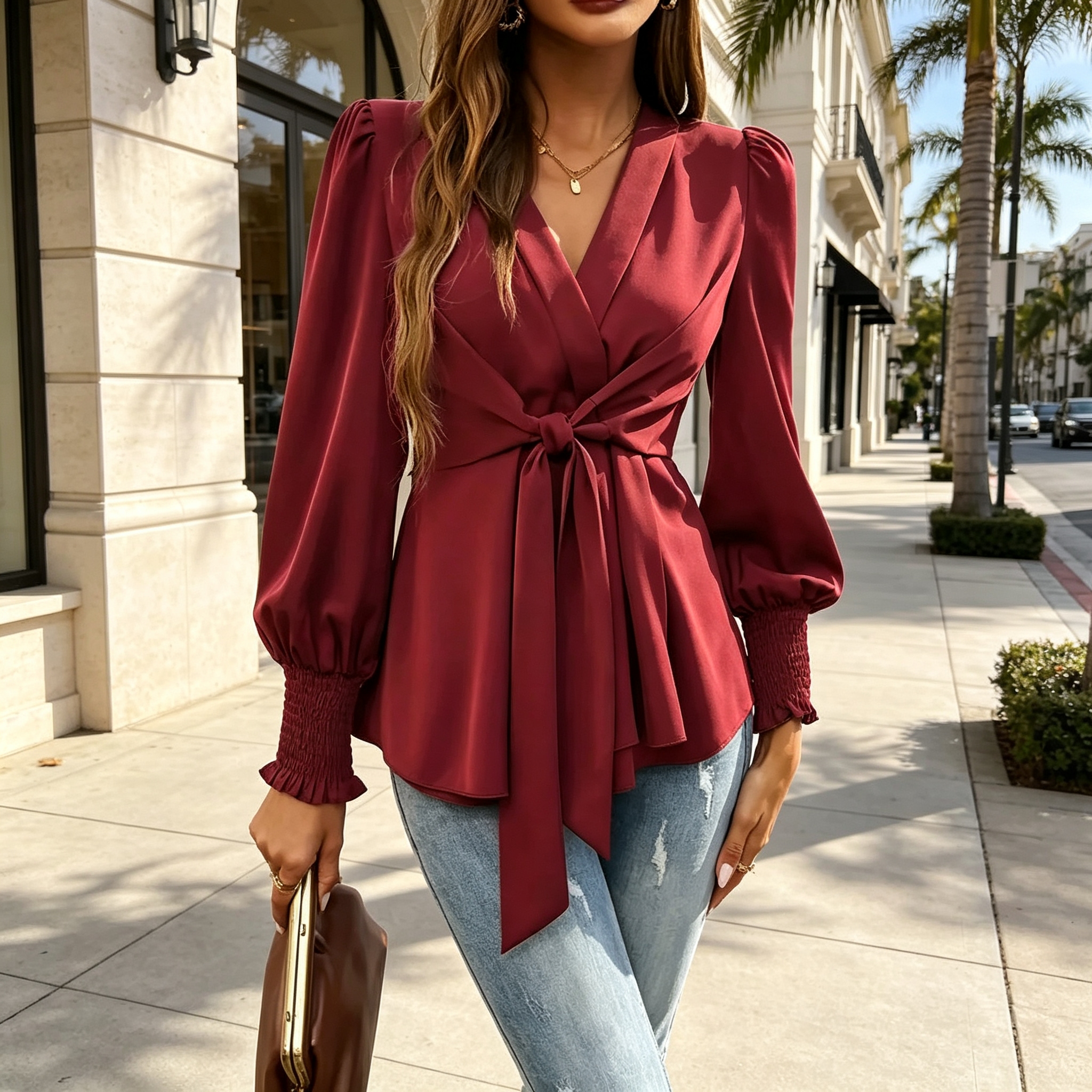 In the spring of 2026, a new French fashion and elegant V-neck tie with a cinched waist solid color shirt and top with a stylish look was launched across Europe and America Application Scenario