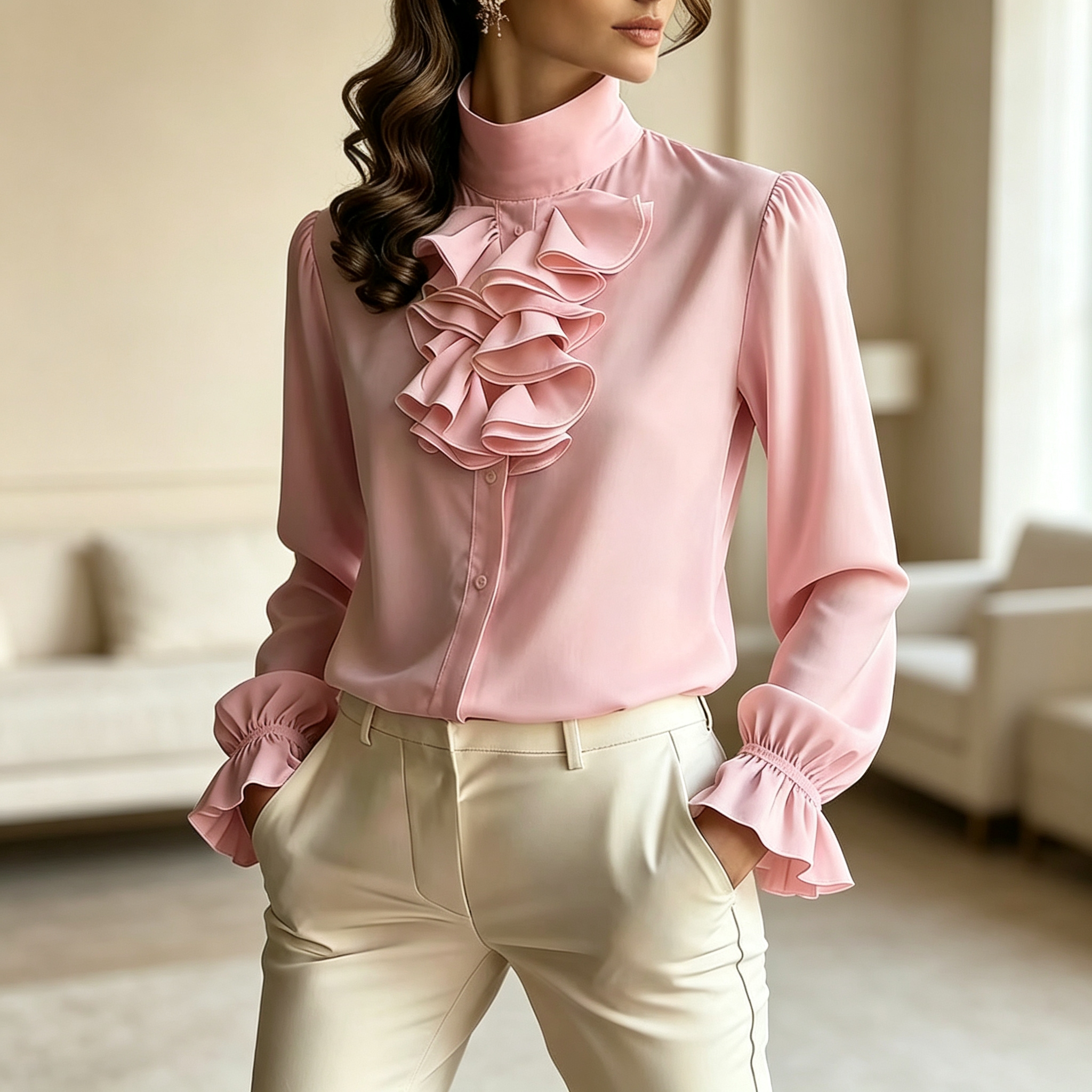 2026 New style of stylish commuter loose stand-up collar solid color ruffled shirt for women Application Scenario