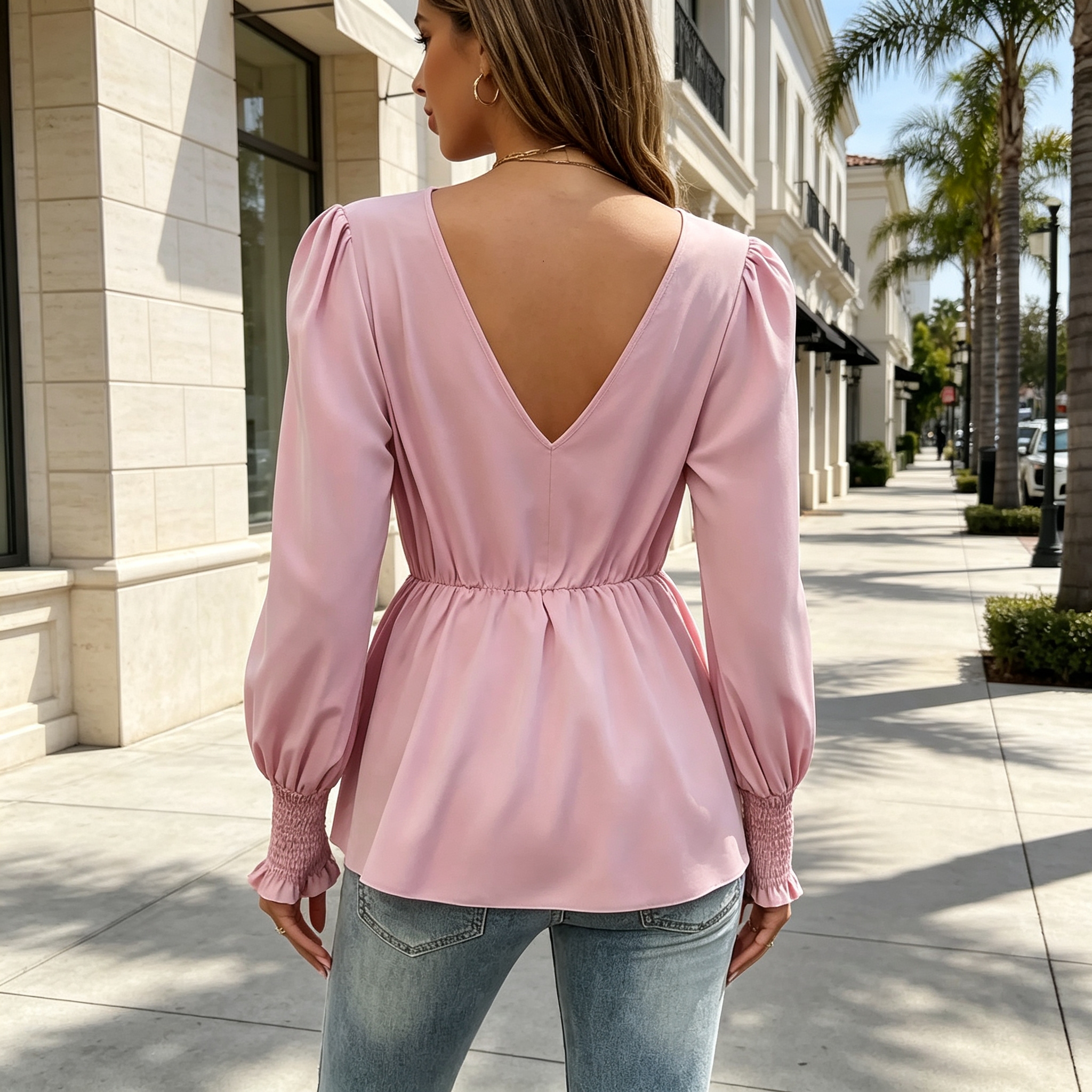 In the spring of 2026, a new French fashion and elegant V-neck tie with a cinched waist solid color shirt and top with a stylish look was launched across Europe and America Item Picture